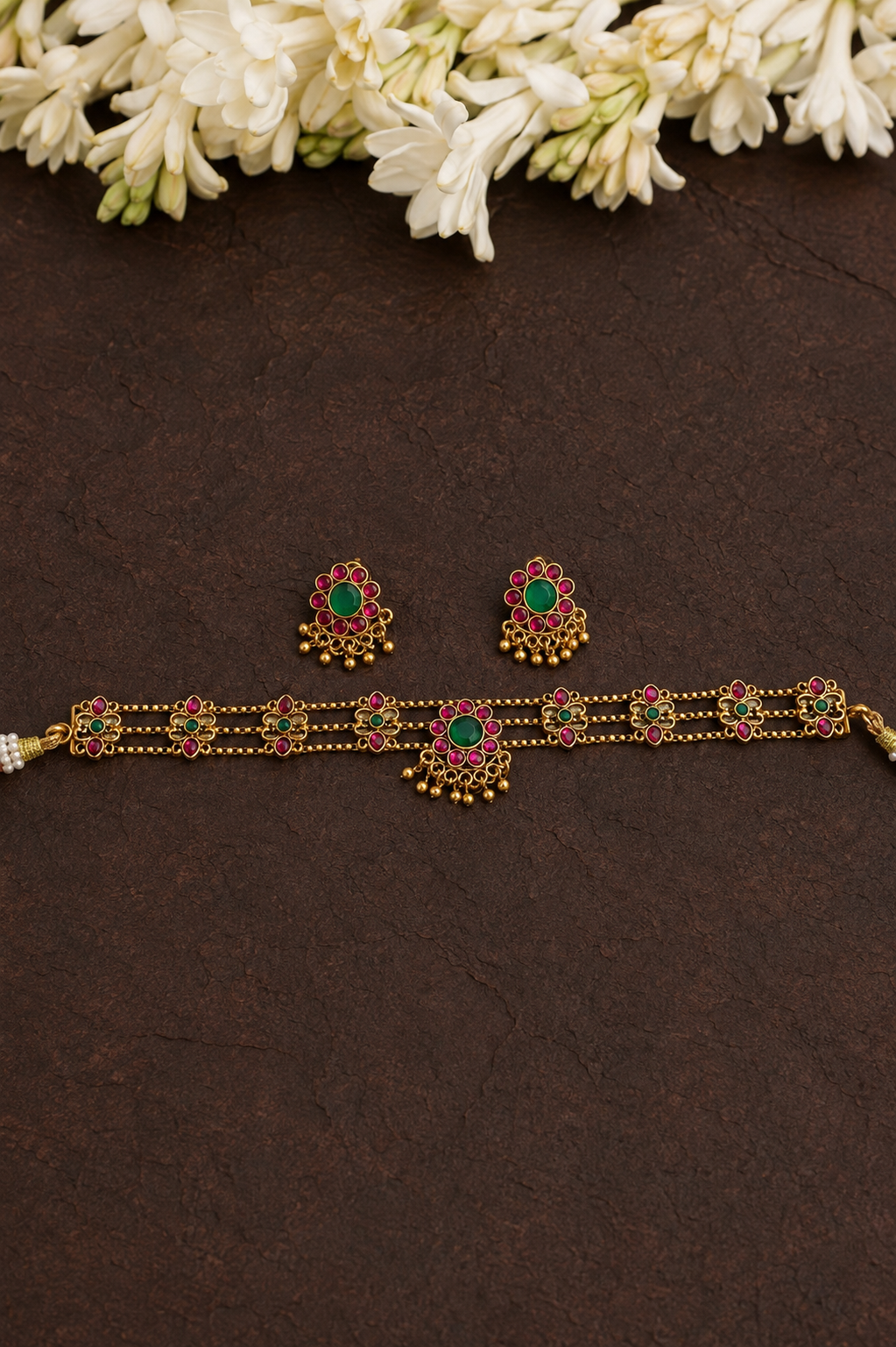 Ruby Emerald Antique Gold Choker Set