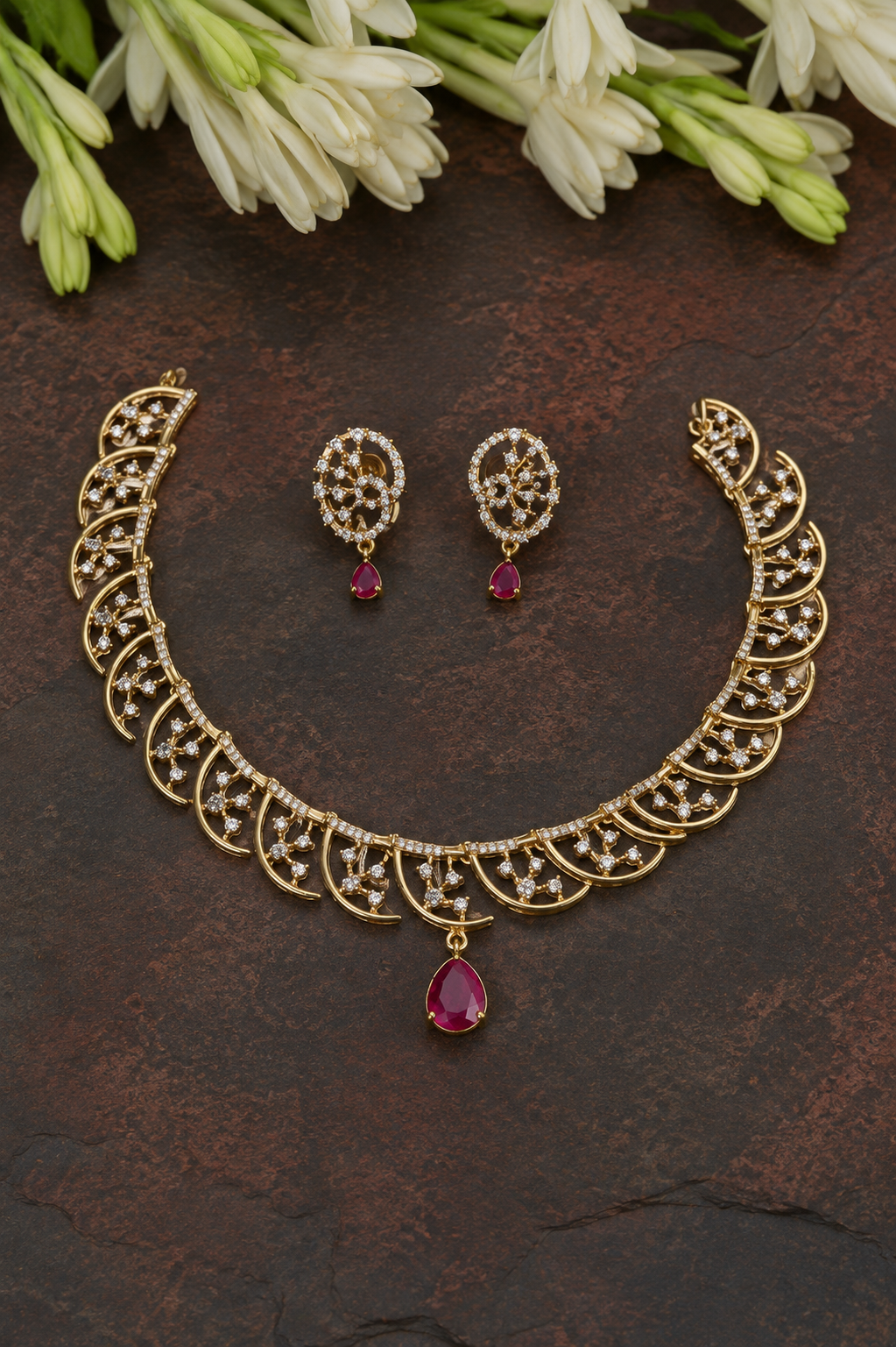 Victorian Short Necklace with Ruby Teardrop & Earrings