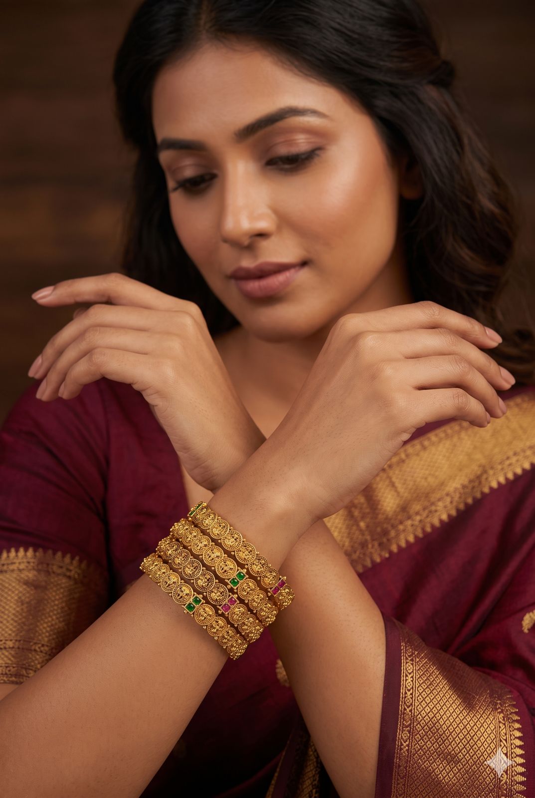 Lakshmi Coin Temple Bangles with Ruby & Emerald Accents(Set of 4)