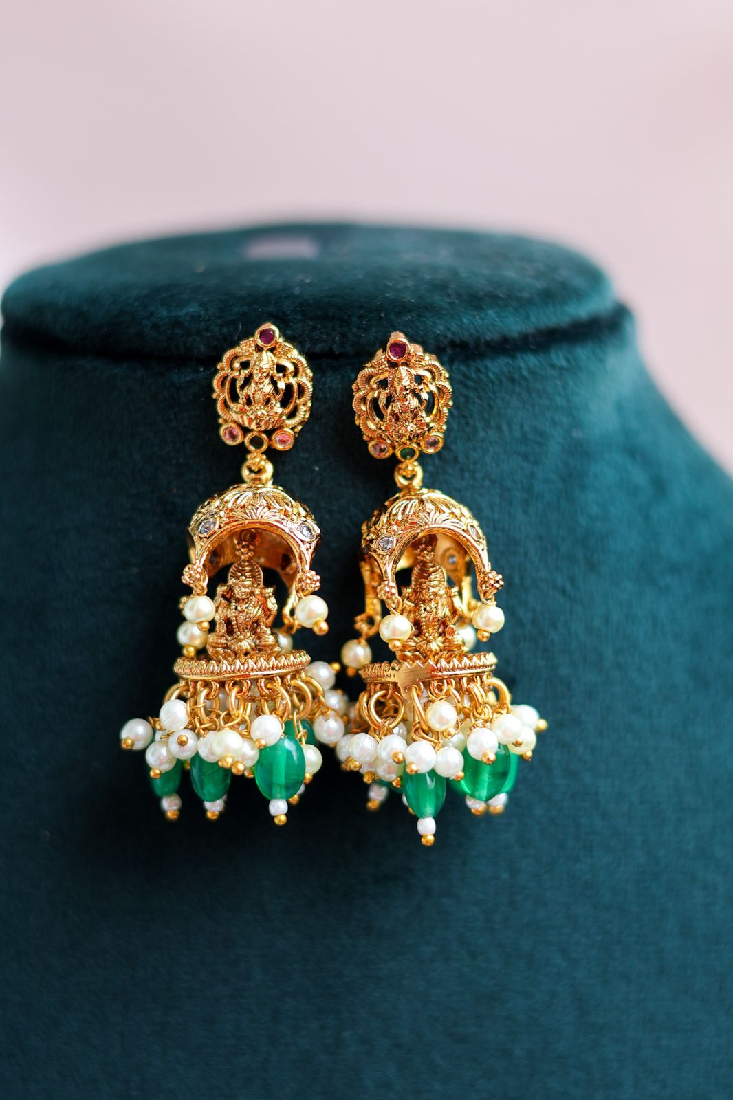 Temple motif earring with green bead drops
