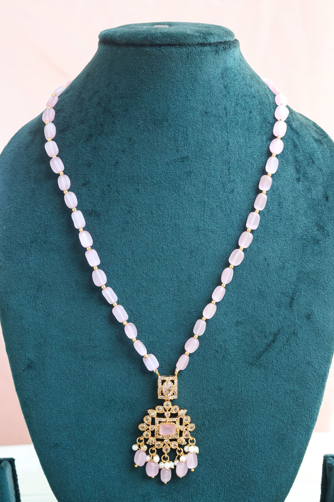Classic pink oval bead chain with Crystal Pendant