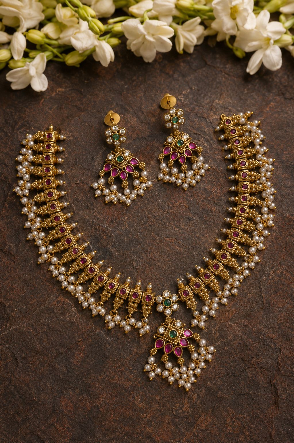Antique Gold Kemp & Pearl Bridal Necklace Set