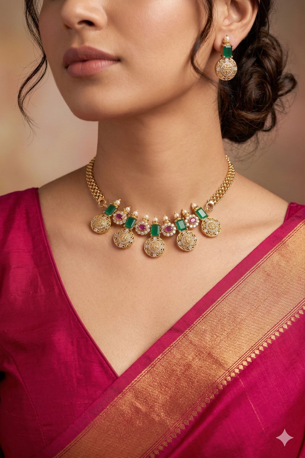 Antique Gold-Plated Ruby/Emerald Coin Choker with Matching Earrings