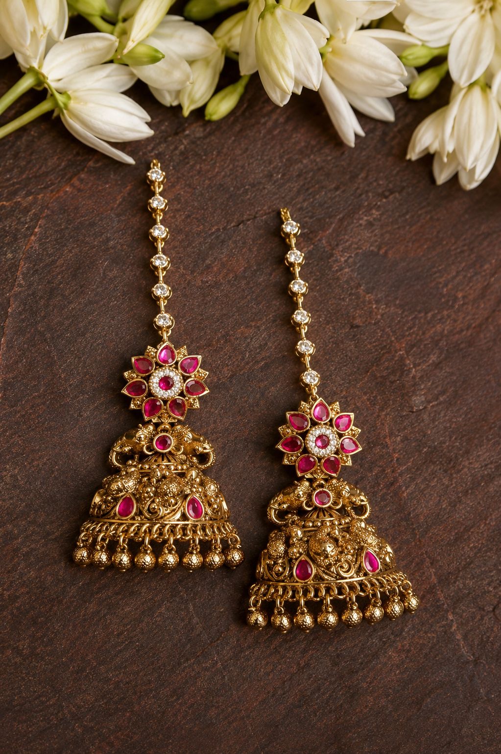 Floral Elephant Ruby Jadau Kundan Jhumkas with Matti