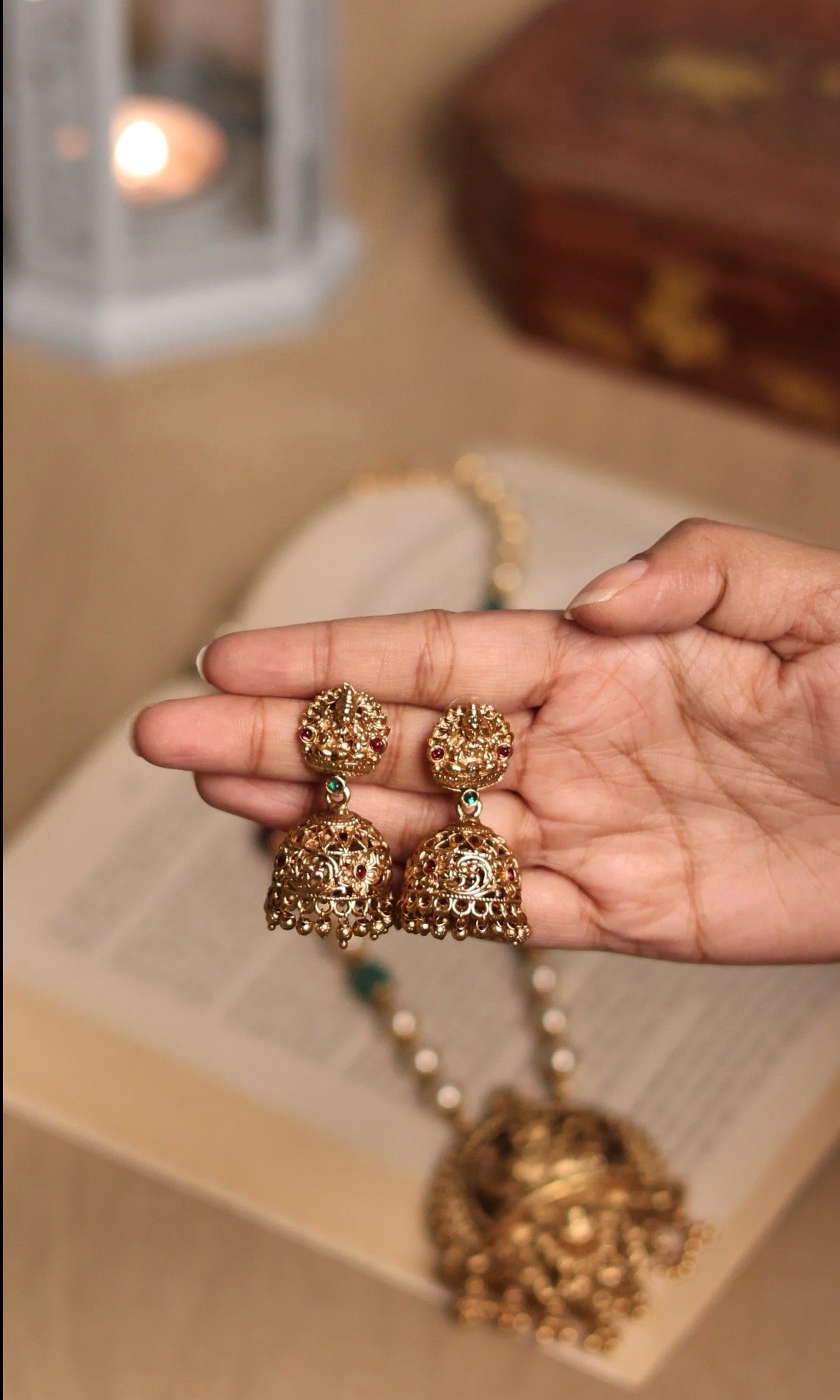 Navaratan Pearl Mala with Temple Jhumka Set