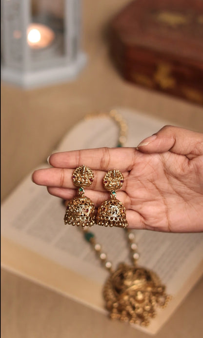 Navaratan Pearl Mala with Temple Jhumka Set