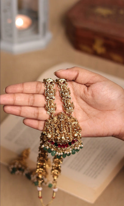 Nakshi Temple Long Haram with Multi-Stone Pendant