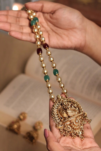 Navaratan Pearl Mala with Temple Jhumka Set