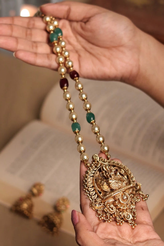 Navaratan Pearl Mala with Temple Jhumka Set