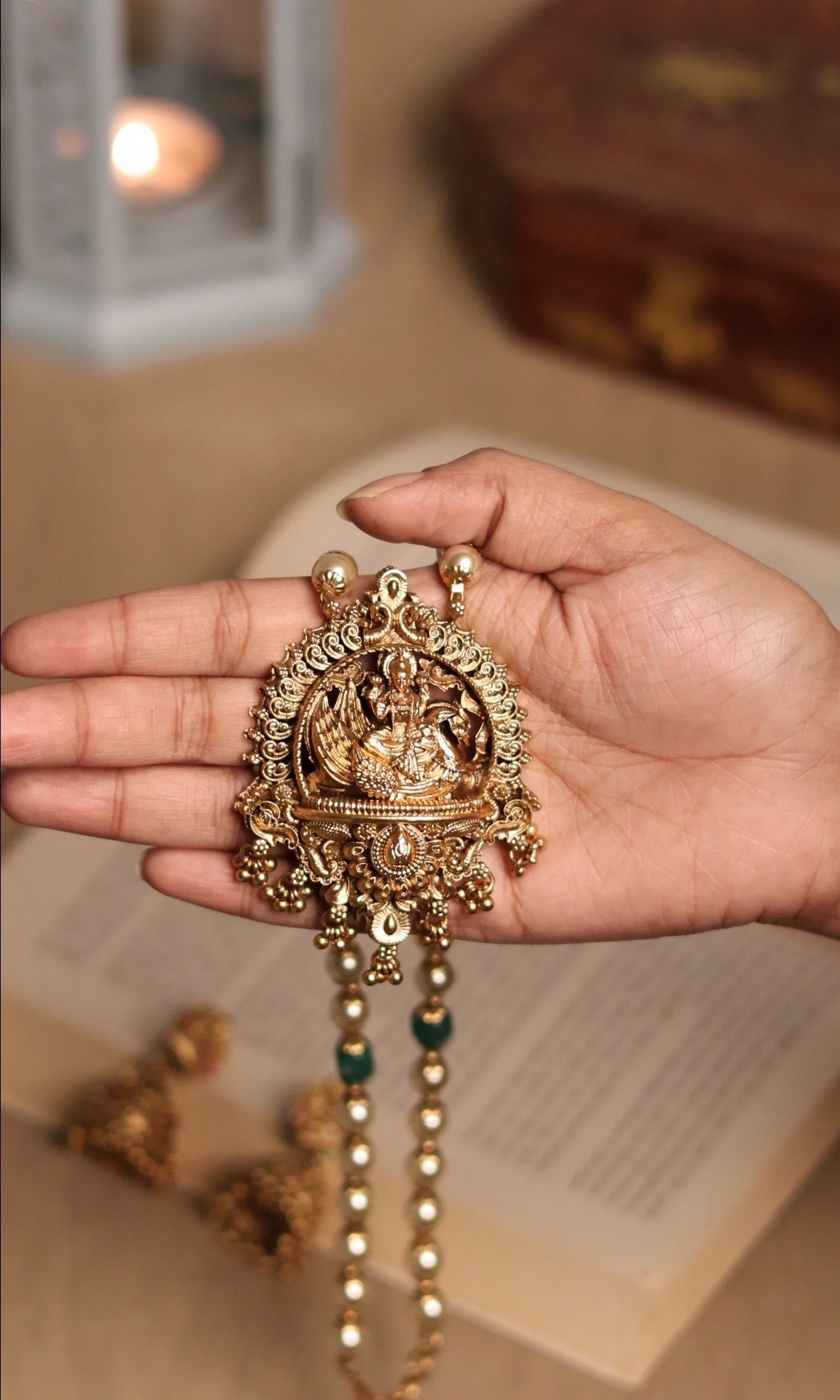 Navaratan Pearl Mala with Temple Jhumka Set