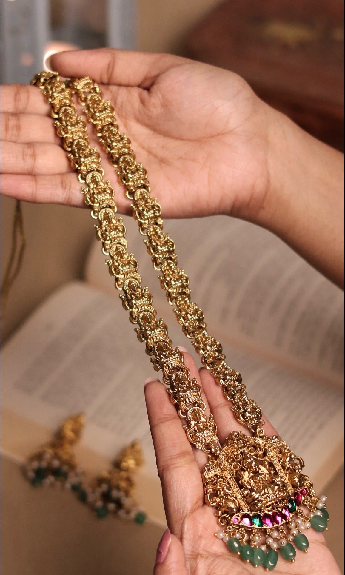 Nakshi Temple Long Haram with Multi-Stone Pendant