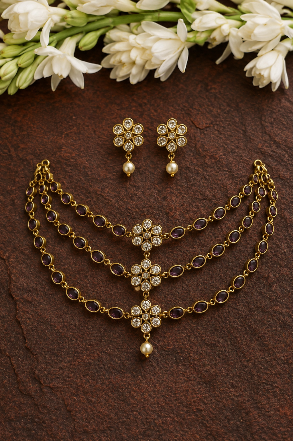 Royal Blue Floral Three-Layer Necklace Set