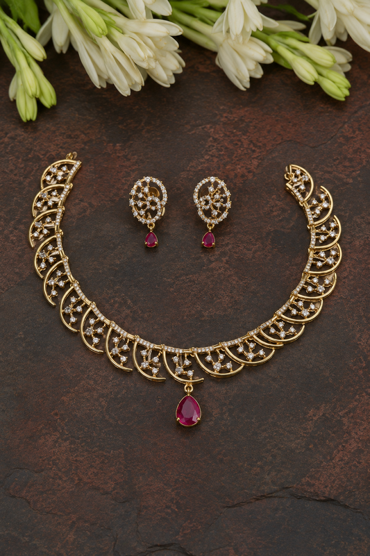 Victorian Short Necklace with Ruby Teardrop & Earrings