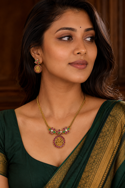 Ruby & Emerald Temple Goddess Necklace with Studs