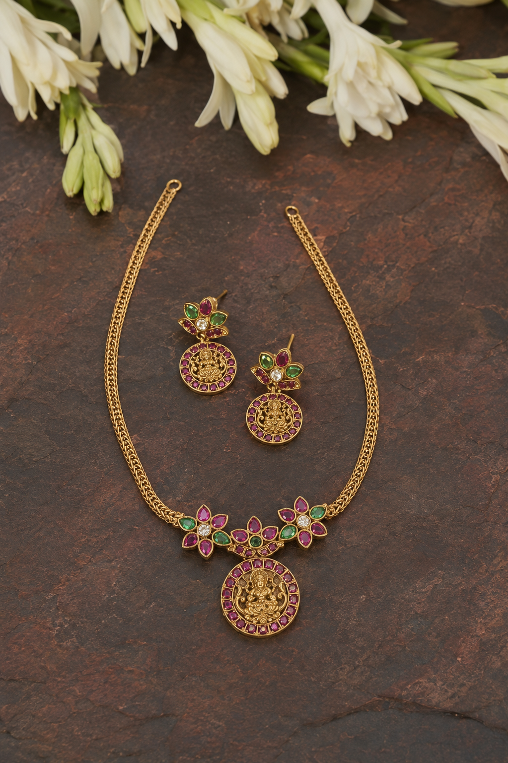 Ruby & Emerald Temple Goddess Necklace with Studs