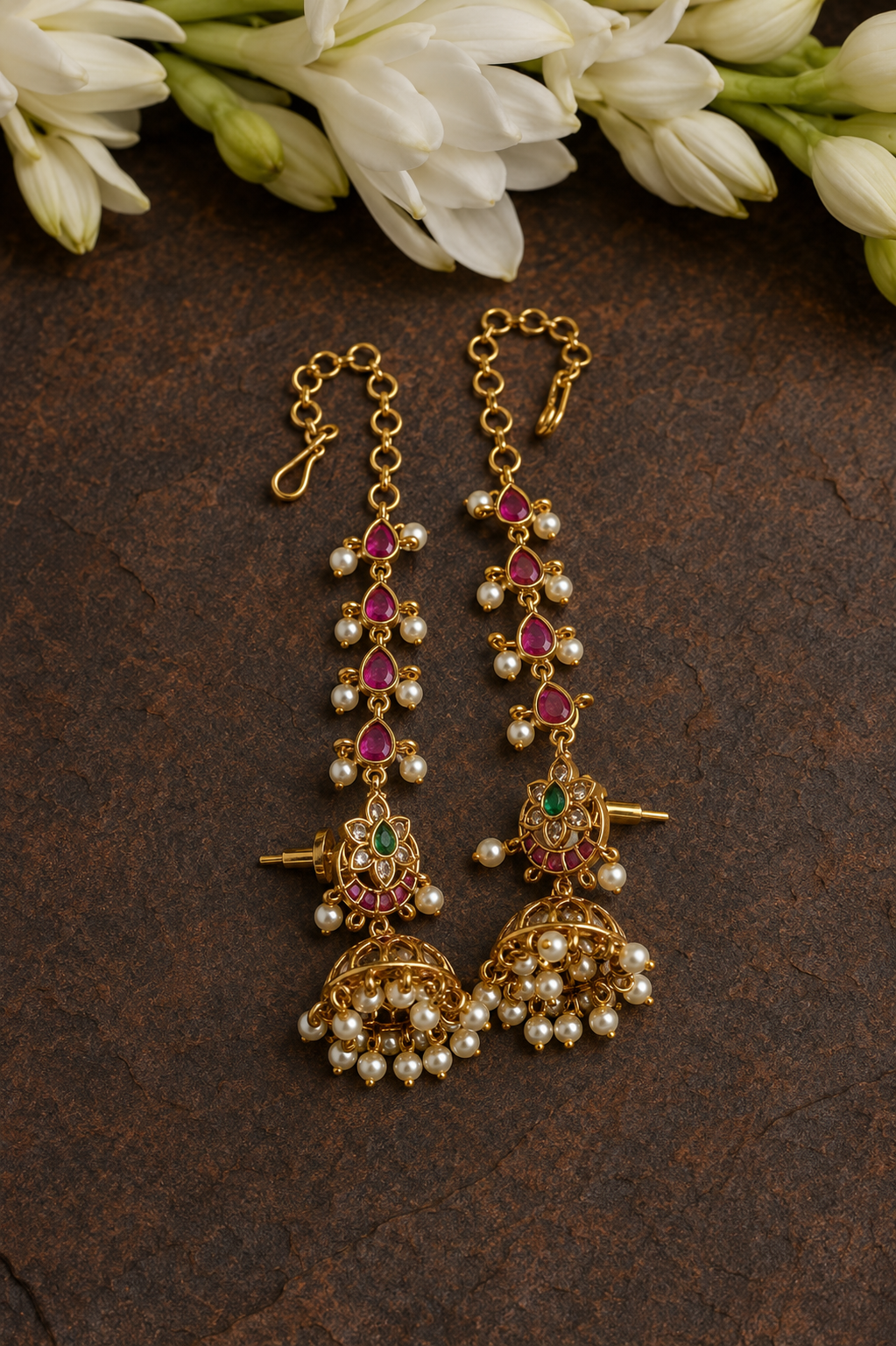 Ruby Pearl Cascade Jhumka Earrings