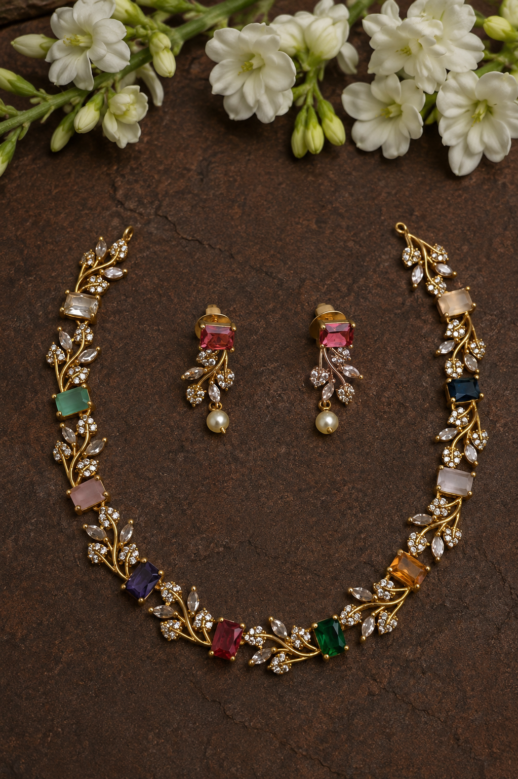 Multicolour Gemstone Floral Necklace Set – imitation jewellery by Visvarupa Jewellery