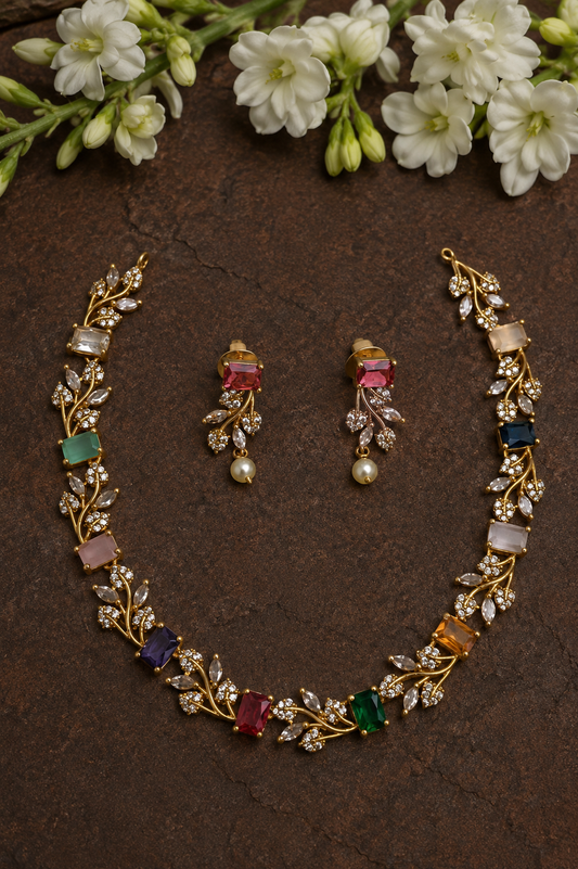 Multicolour Gemstone Floral Necklace Set – imitation jewellery by Visvarupa Jewellery