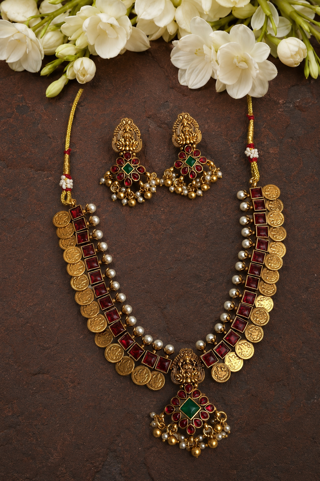 Lakshmi Coin Temple Necklace Set with Jhumka Earrings – temple imitation jewellery by Visvarupa Jewellery
