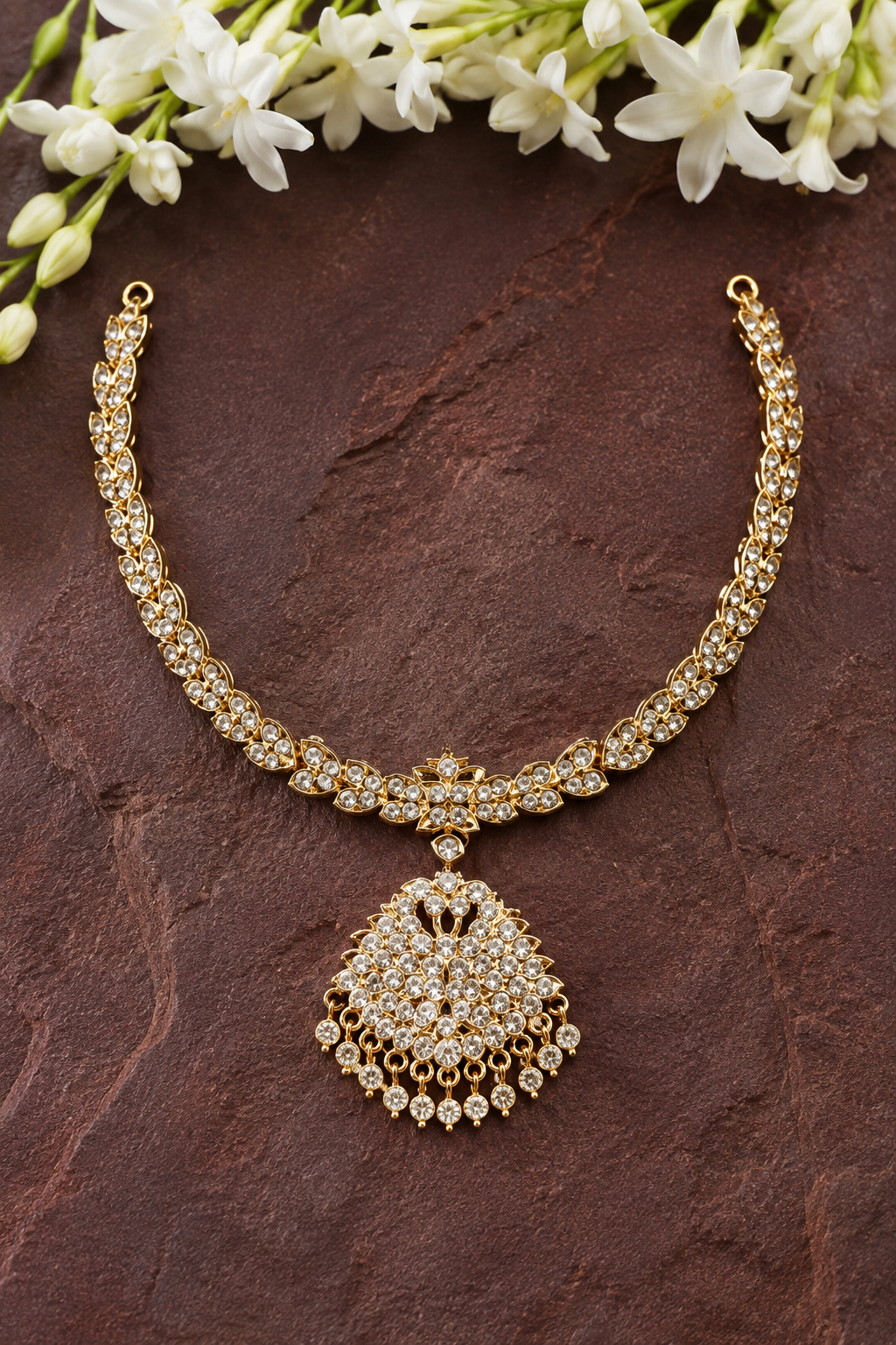 White Stone Necklace with Layered Drop Pendant