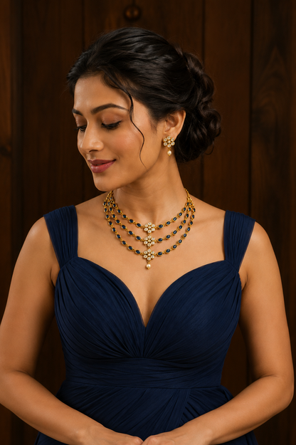 Royal Blue Floral Three-Layer Necklace Set