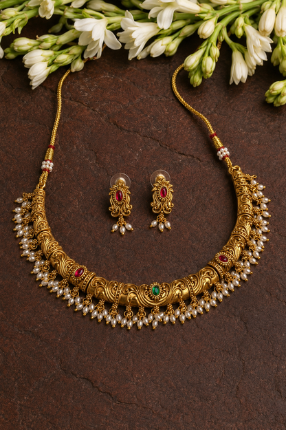 Temple Carved Ruby Emerald Pearl Necklace Set