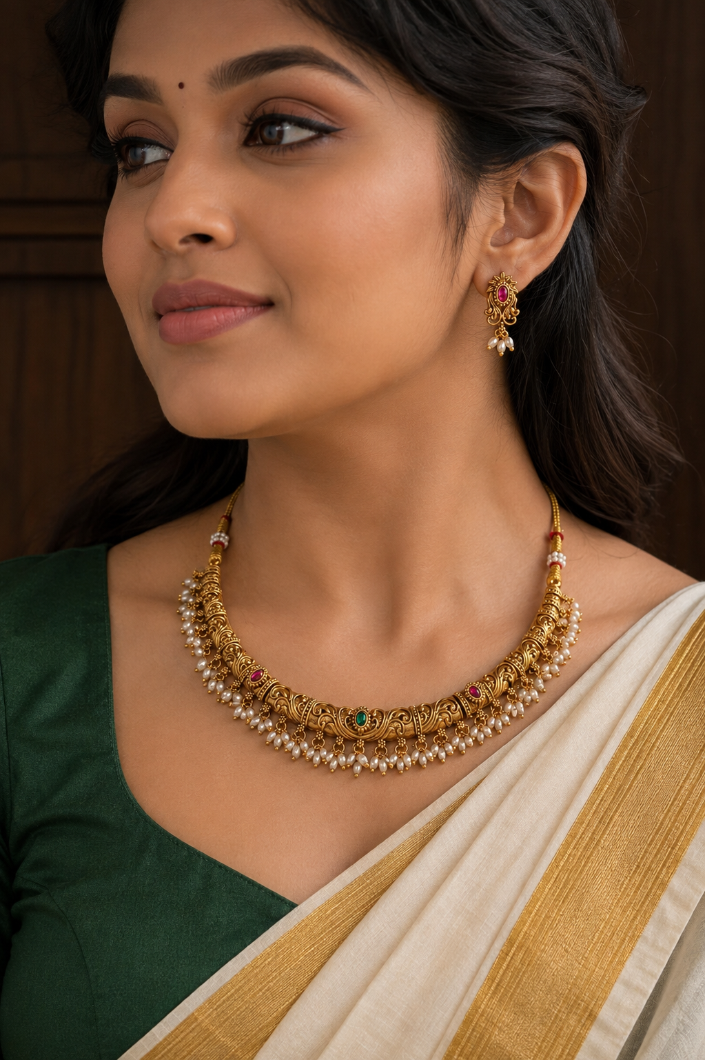 Temple Carved Ruby Emerald Pearl Necklace Set