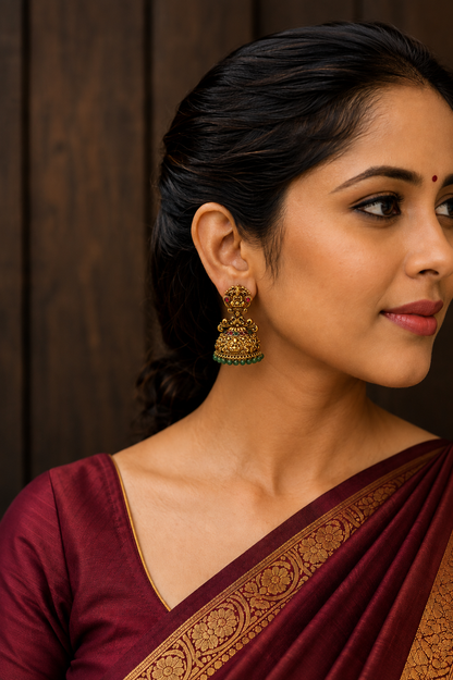 Lakshmi Temple Jhumka with Emerald Bead Drop