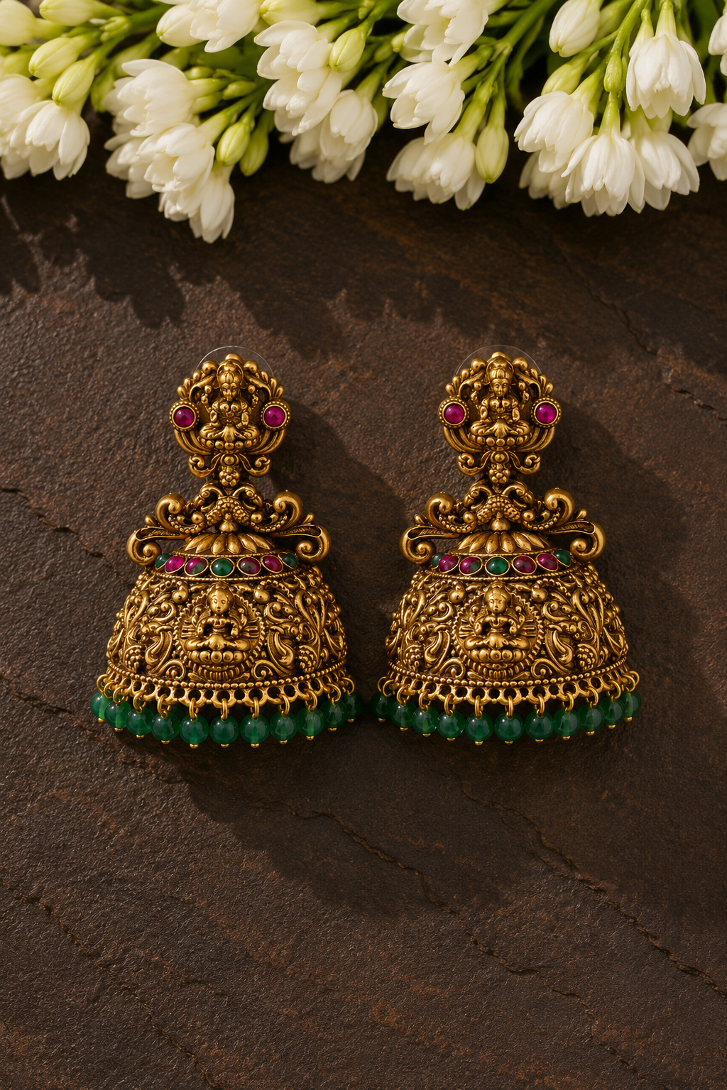 Lakshmi Temple Jhumka with Emerald Bead Drop
