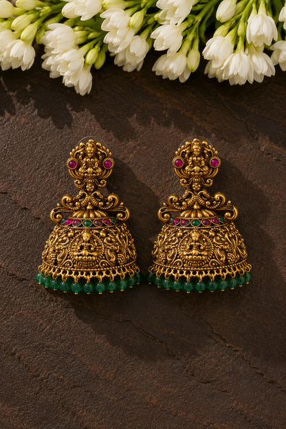 Lakshmi Temple Jhumka with Emerald Bead Drop