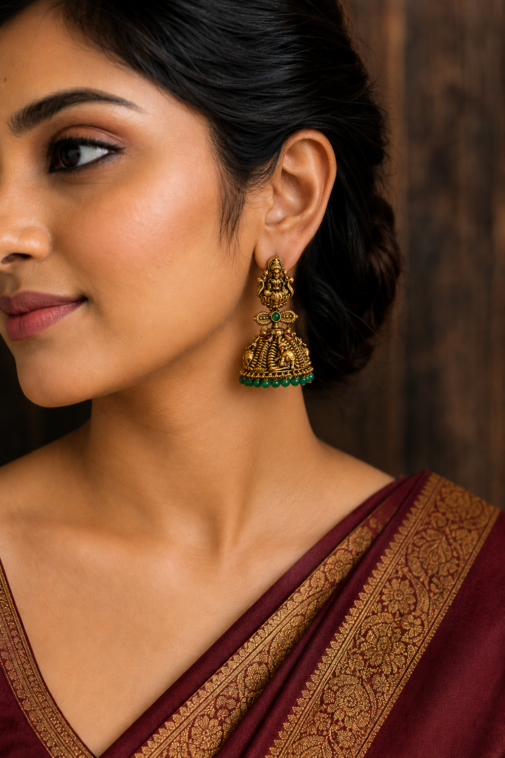 Antique Gold Goddess Jhumka with Green Drops