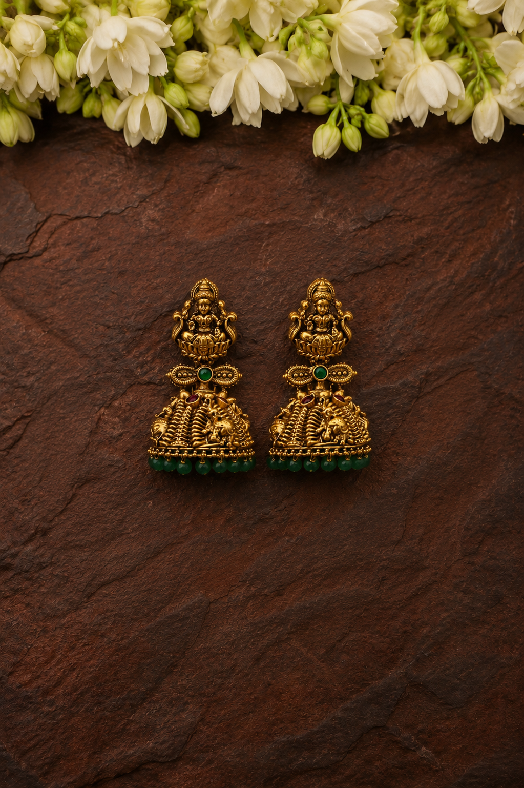 Antique Gold Goddess Jhumka with Green Drops