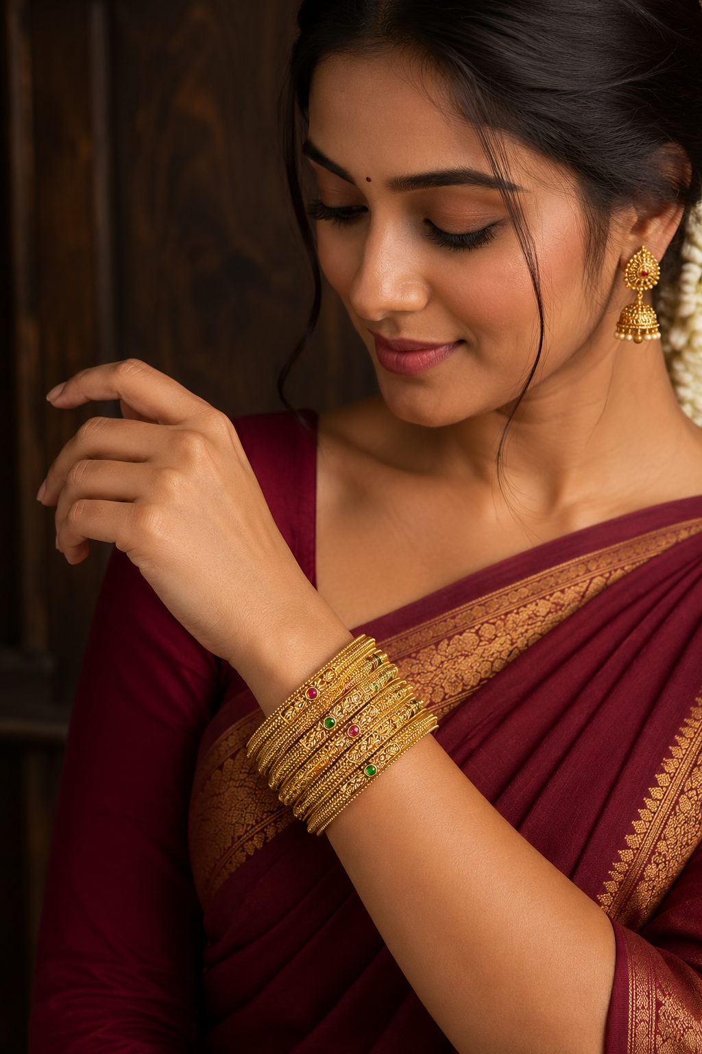Floral Motif Matt Gold Bangle Set with Ruby & Emerald(Set of 4)