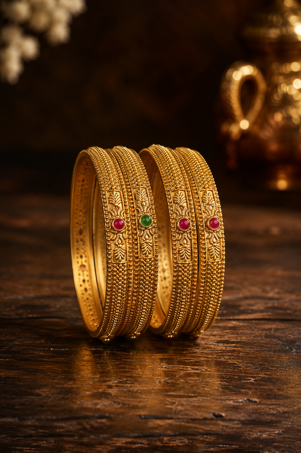 Floral Motif Matt Gold Bangle Set with Ruby & Emerald(Set of 4)