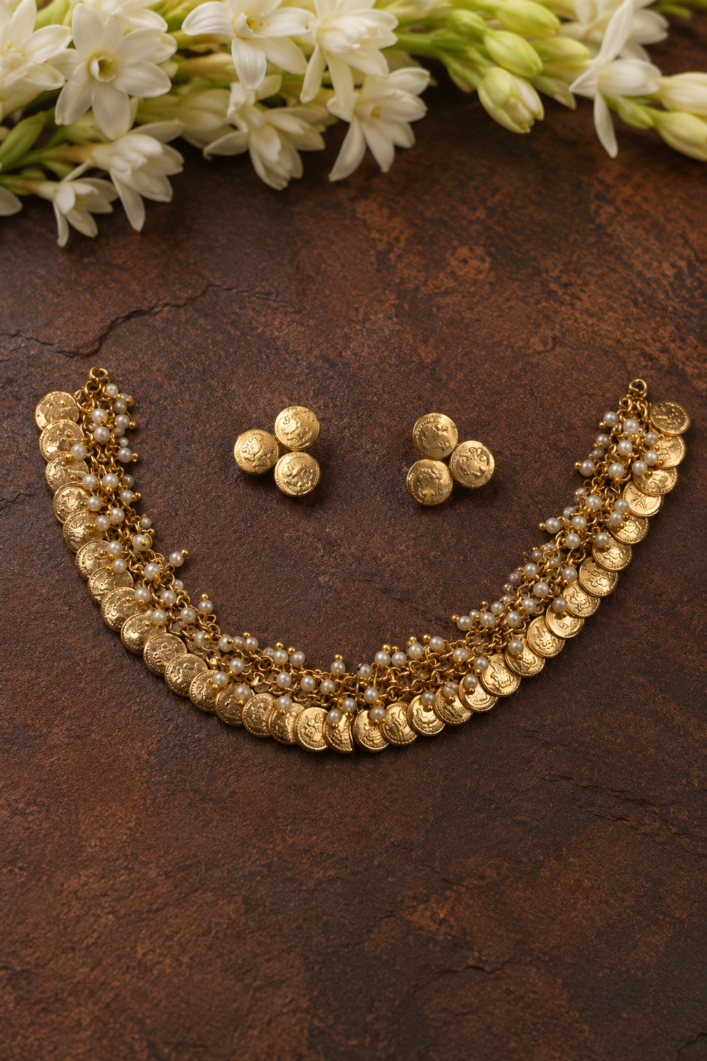 Royal Coin Cluster Choker with Pearl Strings