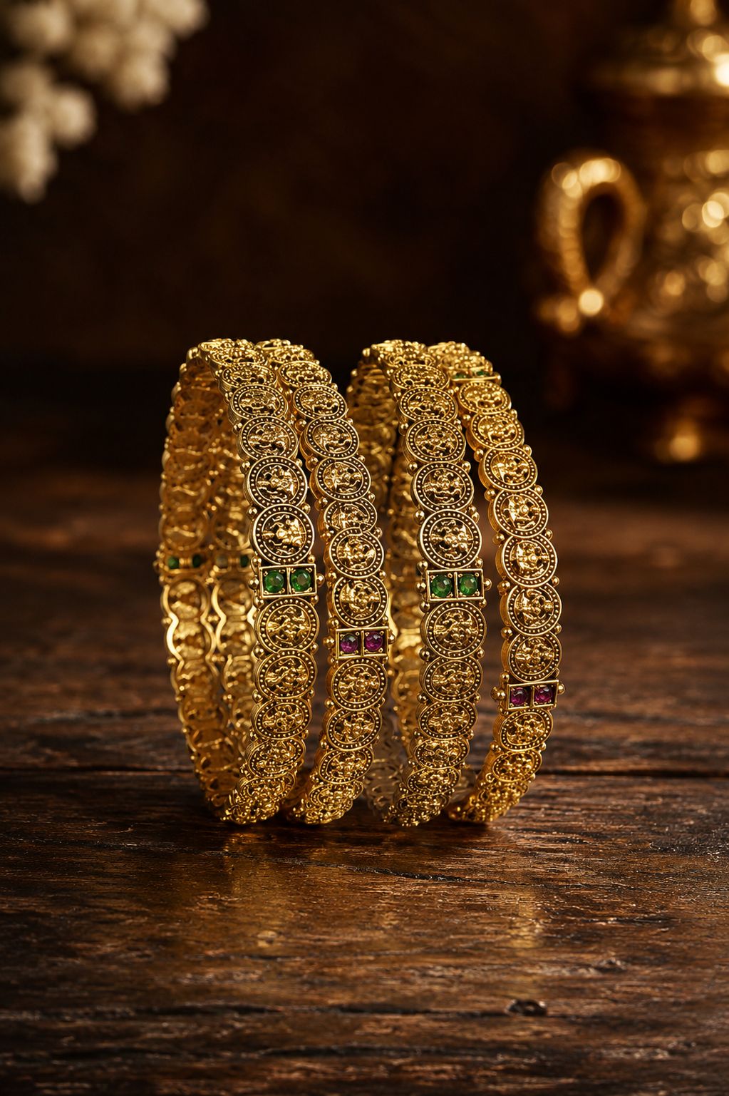Lakshmi Coin Temple Bangles with Ruby & Emerald Accents(Set of 4)