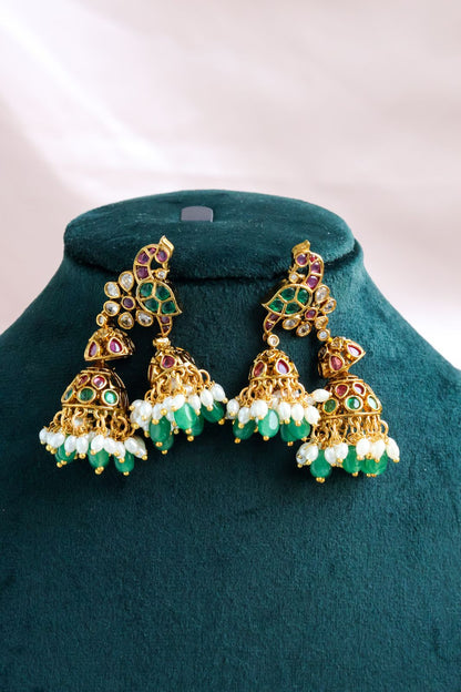 Pure Kemp Jadau Peacock Jhumkas