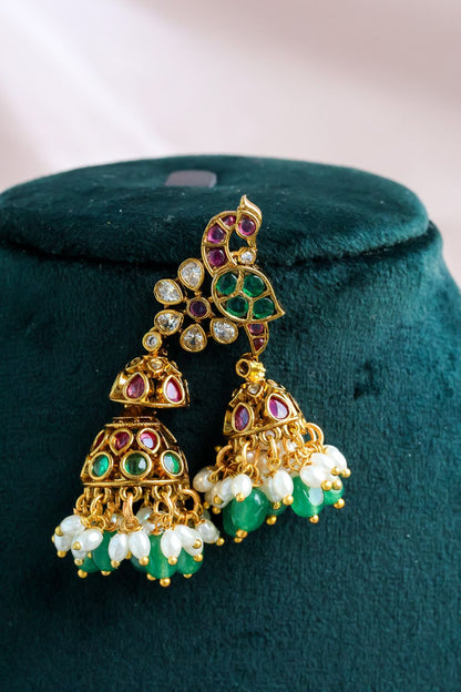 Pure Kemp Jadau Peacock Jhumkas