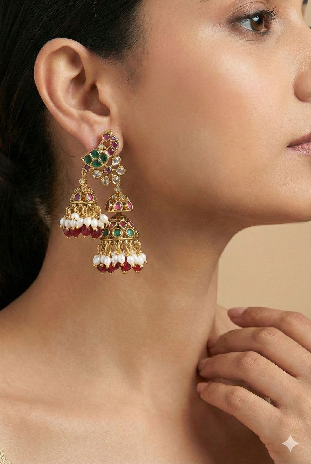 Pure Kemp Jadau Peacock Jhumkas