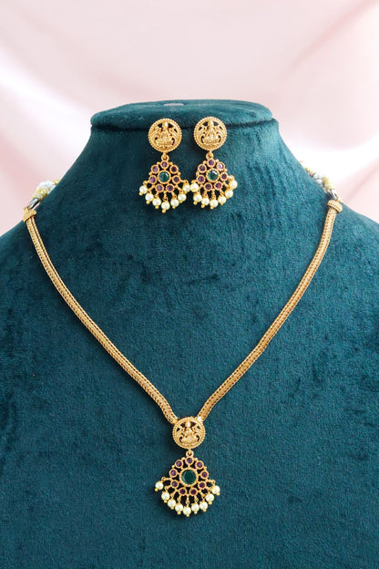 Matt finish floral lakshmi medallion necklace with earring