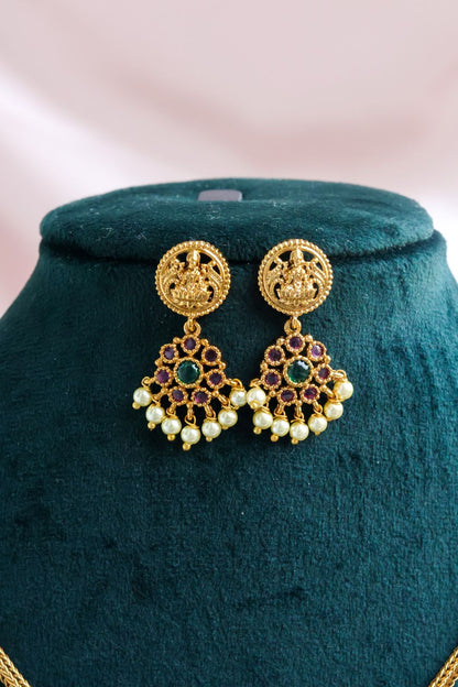 Matt finish floral lakshmi medallion necklace with earring