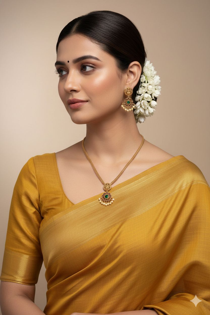 Matt finish floral lakshmi medallion necklace with earring