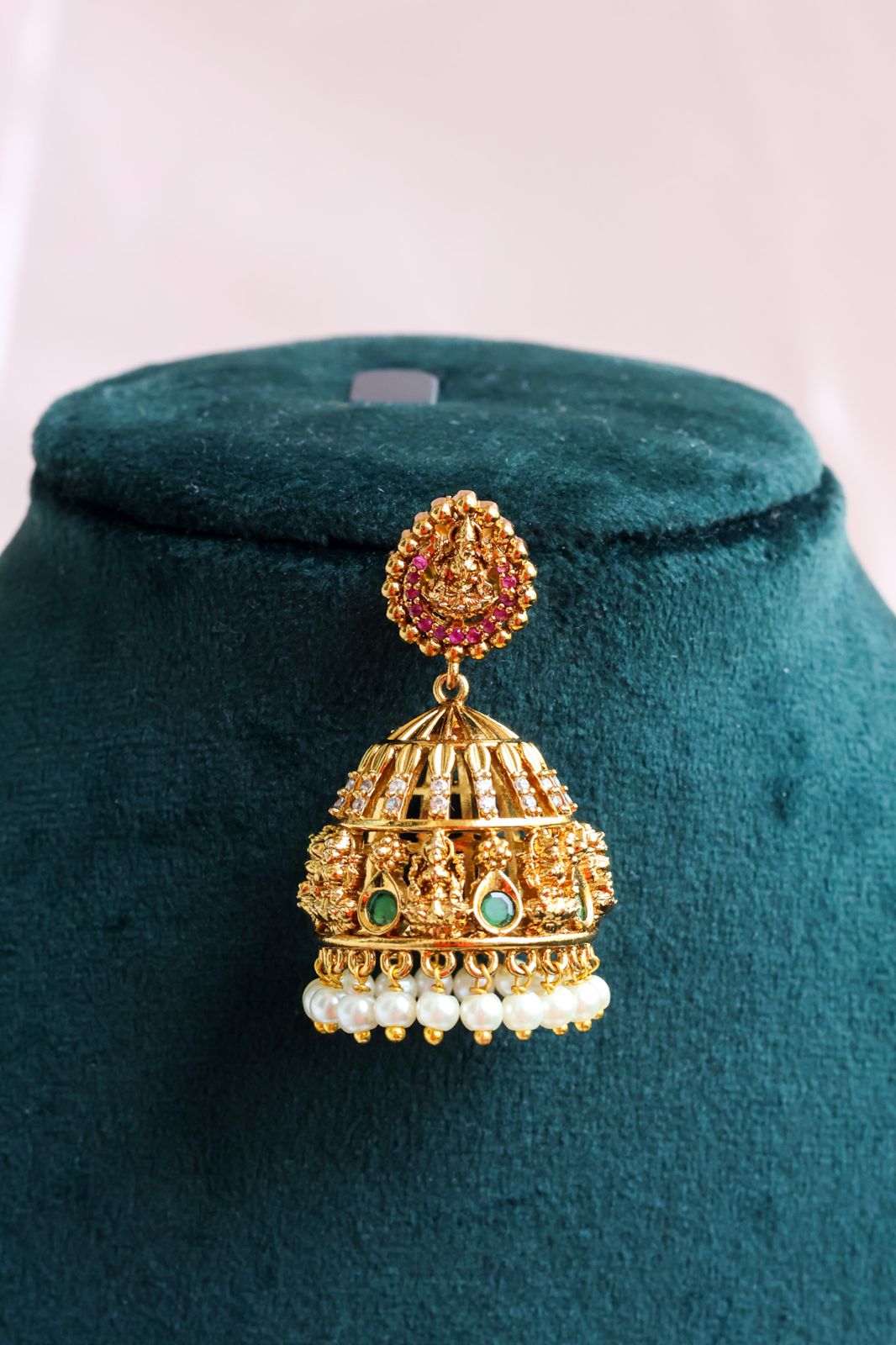 Antique Gold Finish Lakshmi Kemp Jhumkas with Pearl Clusters