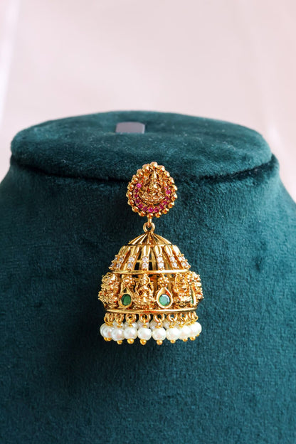 Antique Gold Finish Lakshmi Kemp Jhumkas with Pearl Clusters