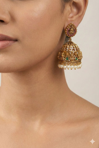 Antique Gold Finish Lakshmi Kemp Jhumkas with Pearl Clusters