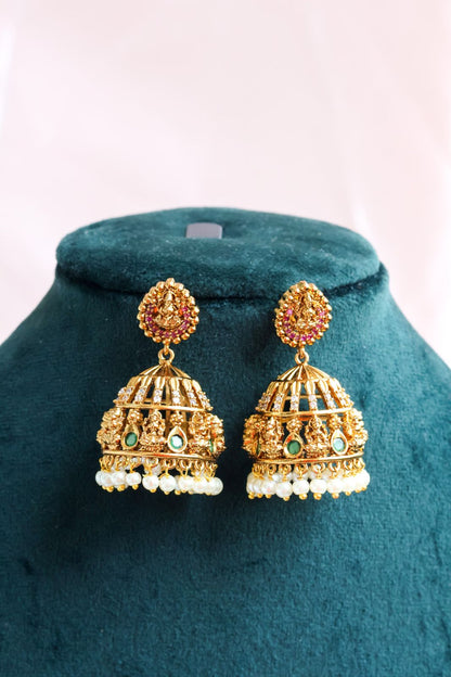 Antique Gold Finish Lakshmi Kemp Jhumkas with Pearl Clusters