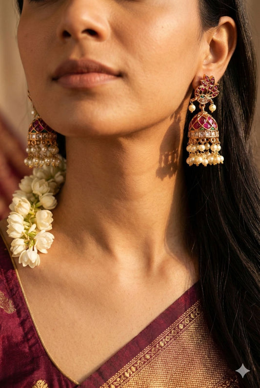 Peacock Kemp Stone Jhumkas