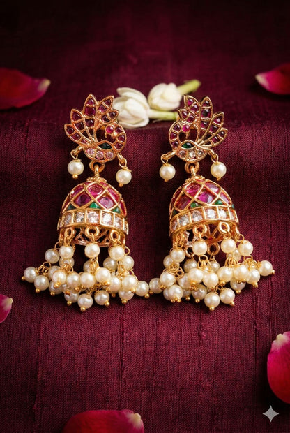 Peacock Kemp Stone Jhumkas