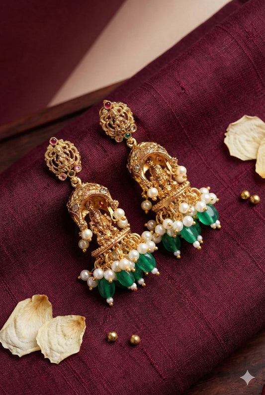 Temple motif earring with green bead drops