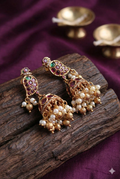 Kemp Stone Peacock Jhumka with pearl and gold droplets